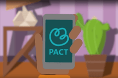 An illustration of a brown hand holding a smartphone. The PACT app logo is on the screen.